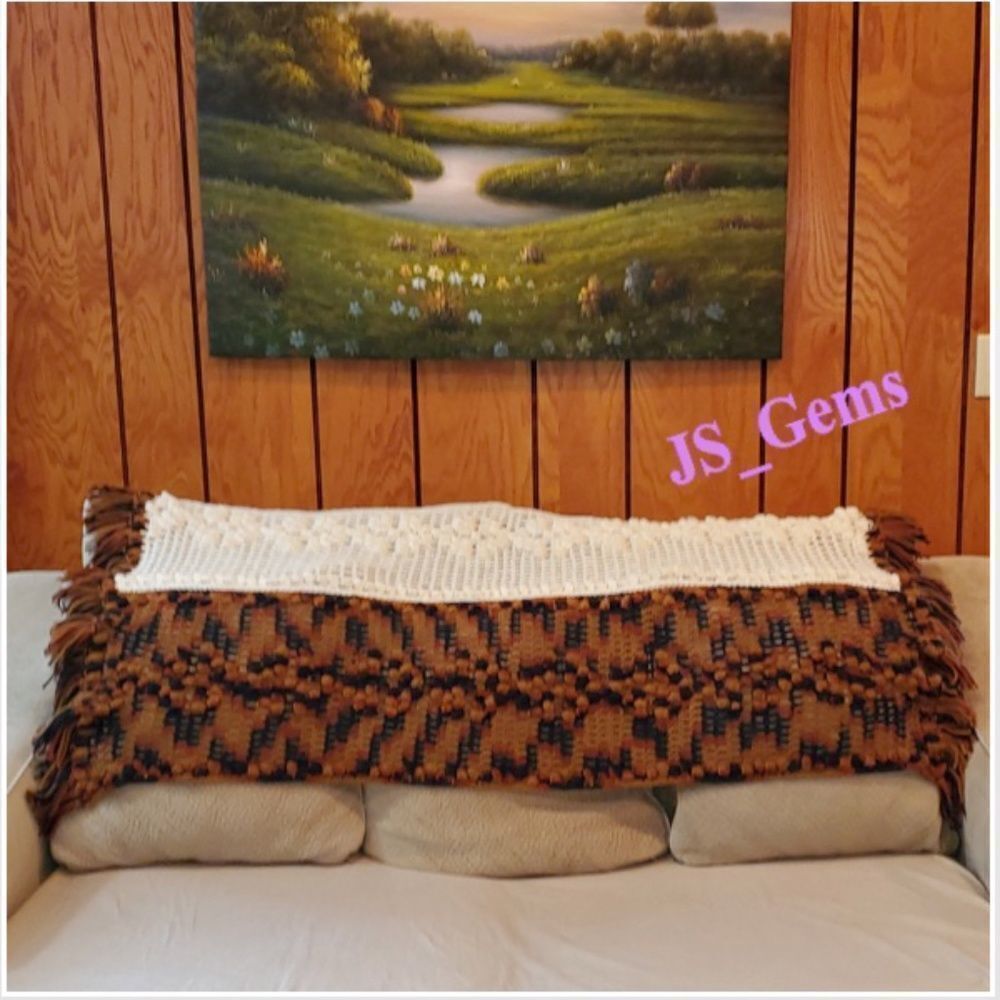 Vintage MargiBlanket Throw Large Hand Crochet Striped Brown Black Cream Home VTG